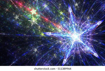 Fractal Bright Blue Five-pointed Star With Sparks With Red Beam And The Small Yellow Stars