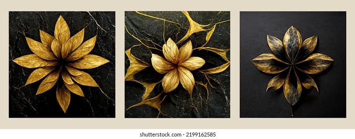 Fractal Flowers Golden And Black Liquid Marble Background. Resin Geode And Abstract Art, Functional Art, Like Watercolor Geode Painting. 3d Wallpaper For Wall Frames. 	