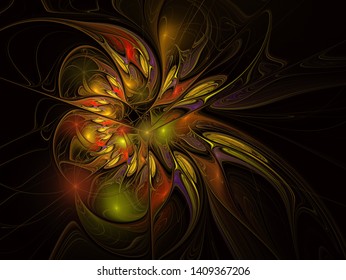 Fractal illustration of bright background with floral ornament. Creative element for design. Fractal flower rendered by math algorithm. Digital artwork for creative graphic design
