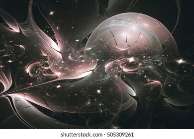 Fractal lines form a ball that resembles a planet surrounded by a luminous cosmic objects. - Shutterstock ID 505309261