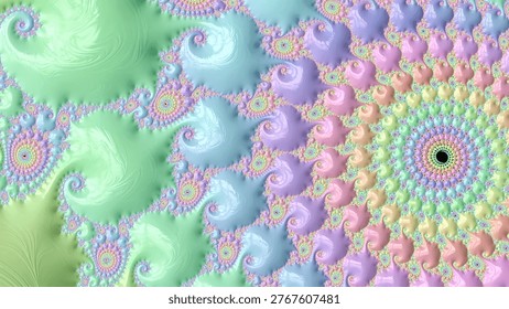 Fractal patterns form swirls and spirals in a mix of soft colors showcasing the beauty of geometric design in visual art.