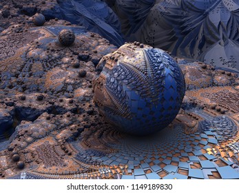 Fractal Planet - Escher Geometric Patterns, Tile Mosaic. Beautiful Repeating Geometric Patterns, Complex Spherical Shape With Fractal Tile Square And Diamond Patterns. Alien World Illustration