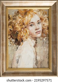 Fragment Of Art Painting. Portrait Of A Girl With Blond Hair Is Made In A Classic Style. 
A Woman's Face With Red Lips.