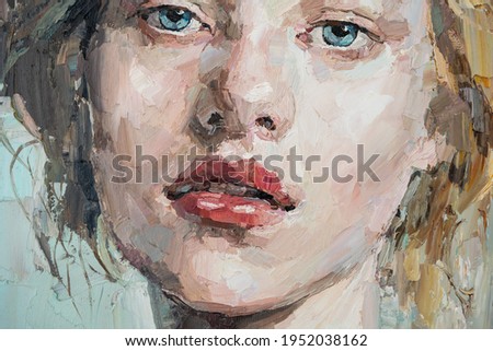 Fragment of art painting. Portrait of a girl with blond hair is made in a classic style. A woman's face with red lips.