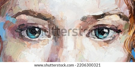 Fragment of art painting. Portrait of a girl with red hair is made in a classic style. A woman's face with blue eyes.