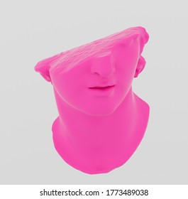 Fragment of broken pink Hellenistic colossal head sculpture in classical antique style isolated on white background. 3D rendered illustration in vaporwave style. Fragment of broken pink Hellenistic colossal head sculpture in classical antique style isolated on white background. 3D rendered illustration in vaporwave style.