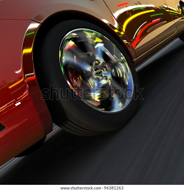 A fragment of a dynamic racing car. On the surface\
of the car and light-alloy wheels reflect the dynamic lights of\
evening city