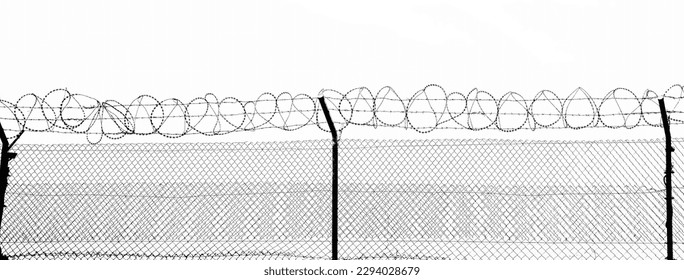 A fragment of a fence with coils of barbed wire isolated on white background. black silhouette of Barbed wire on an iron fence. Against white backdrop. 