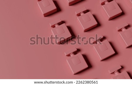 Fragnance parfume jars pattern. Single color pink bottles patternon pastel pink background with copyspace, top view. Flat lay. Mockup fragrance perfume. Trendy sunlight minimal concept. 3d Rendering