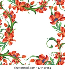 frame with abstract red blooming flowers, illustration, add your text