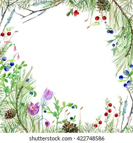 Frame With Berry, Coniferous Branch,pinecone,moss, Mushrooms,snowdrop,lichen.Forest Image.Watercolor Hand Drawn Illustration.