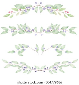 Frame border, floral decorative ornament with blueberries painted in watercolor for greeting card, decoration postcard or invitation