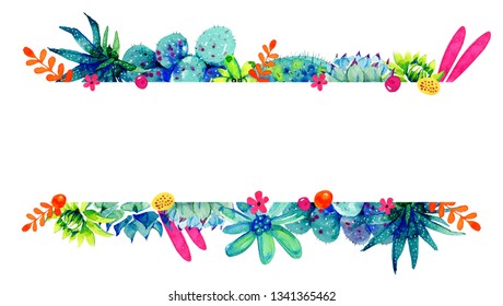 Frame border with flowers, cactuses and succulents on top and bottom. Watercolor hand drawn color  sketch illustration isolated on white background