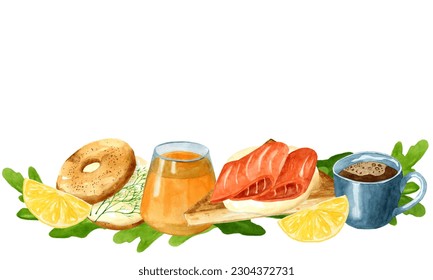 Frame, border from toast with fish and bagel with cream cheese and herbs. Surrounded lemon and herbs, cup of coffee and juice. Hand drawn watercolor illustration on white background - Powered by Shutterstock