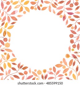 Frame With Branches And Berries.orange Floral Border.postcard.watercolor Hand Drawn Illustration.