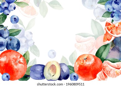 Frame for design and watercolor fruits   berries  Mandarin  blueberry  plum white background  Free space for text