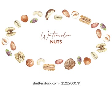 Frame design of watercolor nuts. Raw pecan, walnut, almond, pistachio, peanut, macadamia, hazelnut and cashew. Hand drawn watercolor illustration of organic food for packaging, label, card.