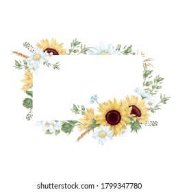 Frame in digital watercolor style sunflowers   daisies