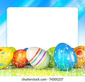 Frame of Easter eggs and blue sky