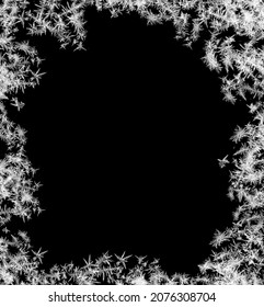 A Frame Of A Frosty Pattern Of Ice Crystals On A Black Background. A Frame With An Abstract Ice Structure Allows You To Apply Or Add A Frost Effect. Frost On The Glass, Freezing Effect