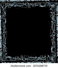 A Frame Of A Frosty Pattern Of Ice Crystals On A Black Background. A Frame With An Abstract Ice Structure Allows You To Apply Or Add A Frost Effect. Frost On The Glass, Freezing Effect