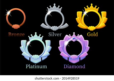 Frame game rank, gold, silver, platinum, bronze, diamond round avatar template 6 steps animation for game. Different blanks with a crown for award, design improvements.  Similar JPG copy
