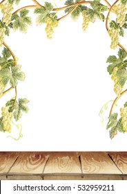 Frame Of Grape Vines. Table. Background. Watercolor Template