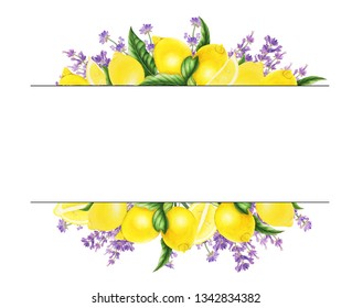 Frame with lemons and lavender, watercolor painting. For design cards and banners.