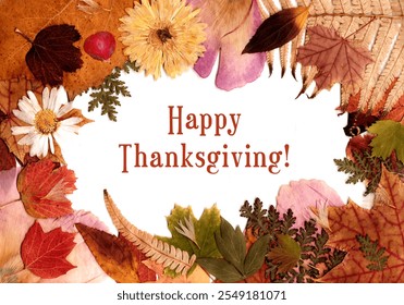 A frame made of dry leaves, petals, and butterfly wings on a white background, top view with copy space. Autumn composition. Thanksgiving holiday greeting card. Raster illustration in high resolution. - Powered by Shutterstock