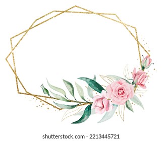 Frame Frame Made Of Light Pink Watercolor Flowers And Green And Golden Leaves Illustration Isolated. Floral Element For Romantic Wedding Or Valentines Stationery And Greetings Cards
