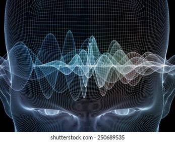 Frame Of Mind Series. Backdrop Design Of Human Face Wire-frame And Wave Elements To Provide Supporting Composition For Works On Mind, Reason, Thought, Mental Powers And Mystic Consciousness