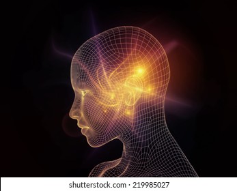 Frame Of Mind Series. Composition Of Human Face Wire-frame And Fractal Elements With Metaphorical Relationship To Mind, Reason, Thought, Mental Powers And Mystic Consciousness