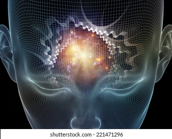 Frame Of Mind Series. Composition Of Human Face Wire-frame And Fractal Elements Suitable As A Backdrop For The Projects On Mind, Reason, Thought, Mental Powers And Mystic Consciousness