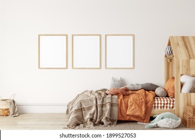 Frame Mock Up In Kids Interior. Scandinavian And Boho Interior. 3d Rendering, 3d Illustration