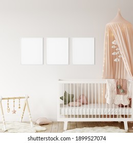 Frame mock up in kids interior. Scandinavian and boho interior. 3d rendering, 3d illustration