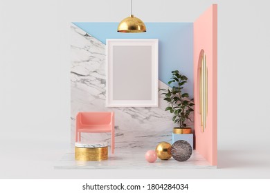 Frame Mock Up On A 3d Rendering Pink, Marble And Blue Surreal Room
