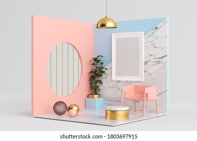 Frame Mock Up On Pink, Blue And Marble Surreal Room 3d Rendering