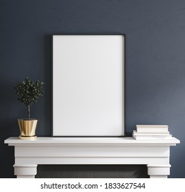 Frame Mock Up Standing On Fireplace In Dark Living Room Interior, 3d Render