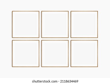 Frame mockup 1:1 square. Set of six thin cherry wood frames. Clean, modern, minimalist, bright gallery wall mockup, set of 6 square frames with a mat opening.