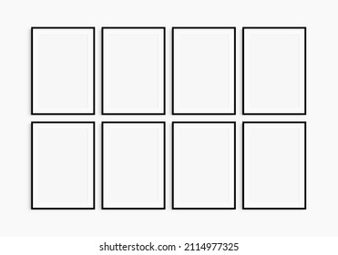 Frame mockup 5x7, 50x70, A4, A3, A2, A1. Set of eight thin black frames. Gallery wall mockup. Clean, modern, minimalist, bright. Portrait. Vertical. Passepartout (mat) opening in 2:3 aspect ratio.
