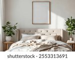 Frame mockup, A4 poster size. Living room wall poster mockup. Minimalist interior design with modern decor. 3D render.