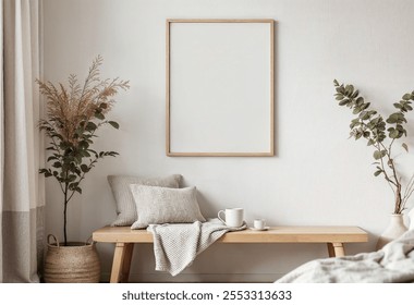 Frame mockup, A4 poster size. Living room wall poster mockup. Minimalist interior design with modern decor. 3D render.