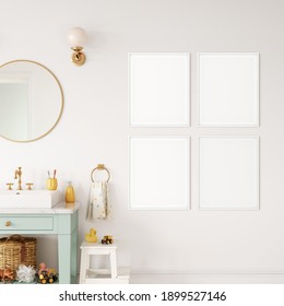 Frame mockup in bathroom room. Scandinavian and boho interior. 3d rendering, 3d illustration
