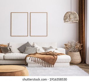 Frame Mockup In Bright Living Room Design, White Sofa In Farmhouse Boho Interior Style, 3d Render, 3d Illustration