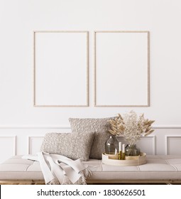 Frame Mockup In Contemporary Living Room Design, Two Vertical Frames On White Wall Background, 3d Render, 3d Illustration