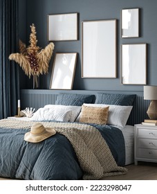 Frame Mockup In Cozy Dark Blue Bedroom Interior, 3d Render