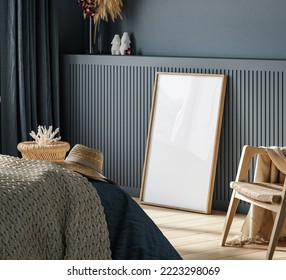 Frame mockup in cozy dark blue bedroom interior, 3d render