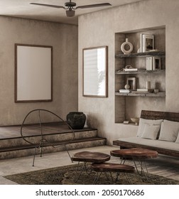 Frame Mockup In Earthy Nomadic Living Room Interior, 3d Render