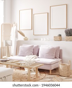 Frame Mockup In Fresh Spring Living Room Interior Background, 3d Render