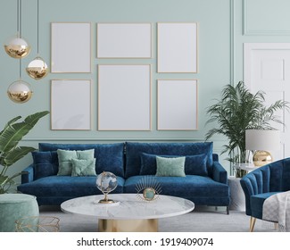 Frame mockup in home interior with blue sofa, marble table and tiffany blue wall decor in living room, 3d render, 3d illustration